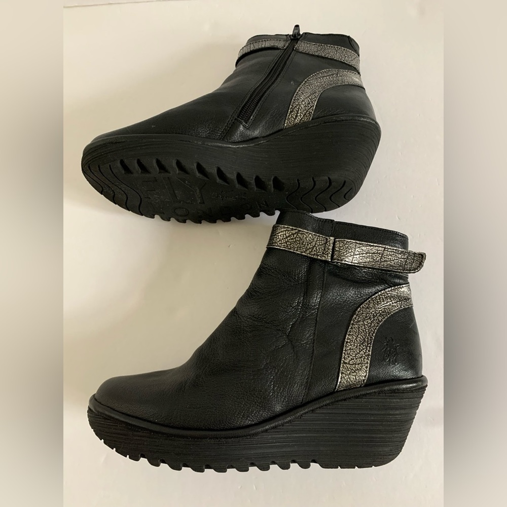 FLY London  Black Leather Wedge Boots - EU41 WIDE (US 10 W)